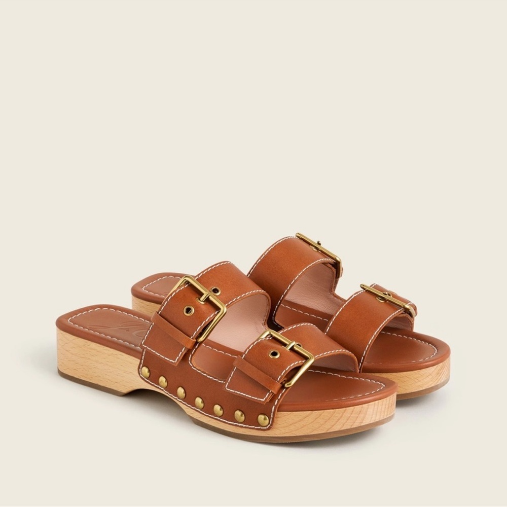 J. Crew Tan Leather Double-Buckle Clog Sandals